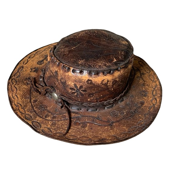 (SOLD) HANDMADE Vintage Hand Tooled Leather Mexican Western Cowboy Hat Hat O/S - Picture 12 of 15